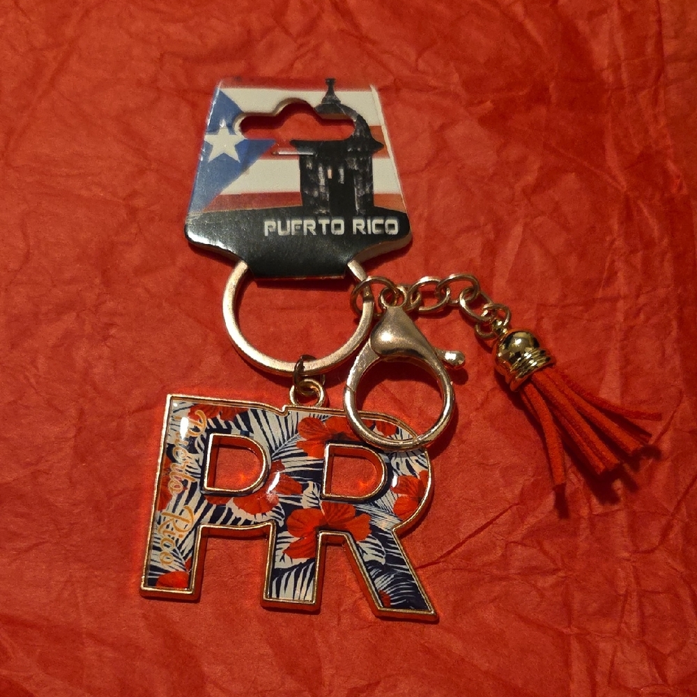 Puerto Rico Keychain with Red and Blue Design